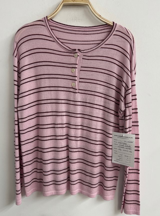 Pink and burgundy stripe henley pullover, style DS26-TT09026, from the Knitwear World sample collection