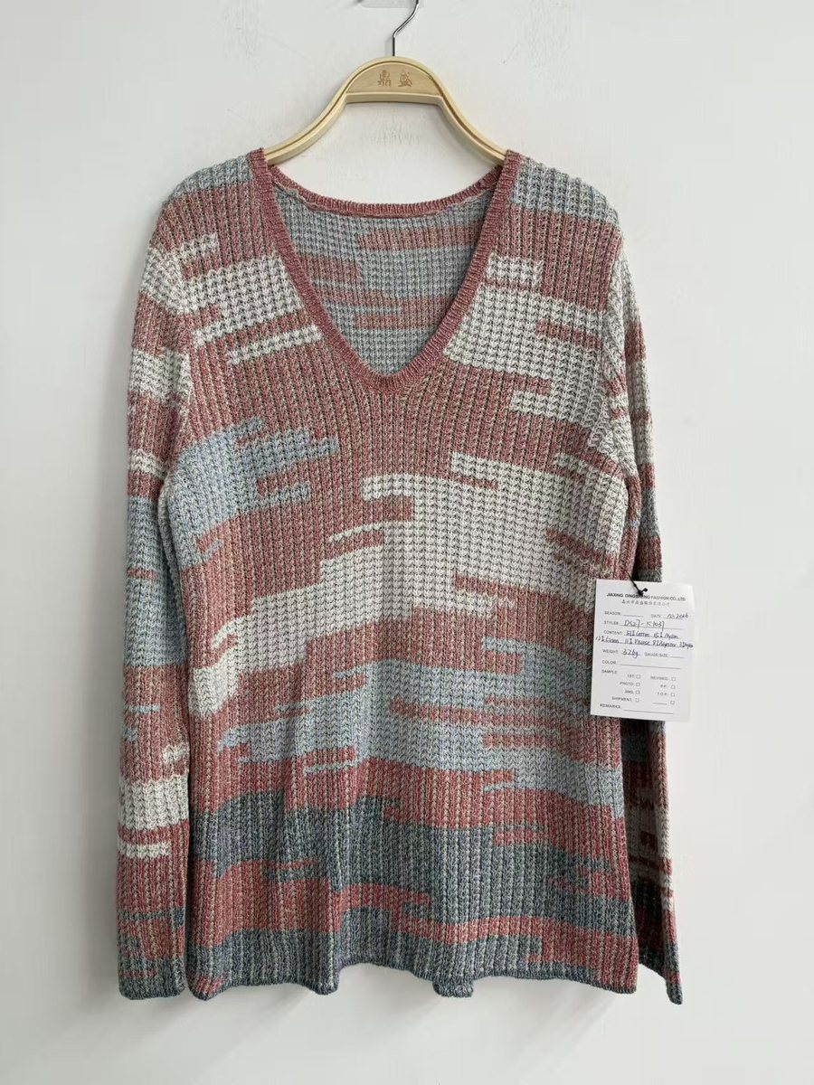 Pink and grey abstract jacquard V-neck pullover, style DS27-K1037, from the Knitwear World sample collection