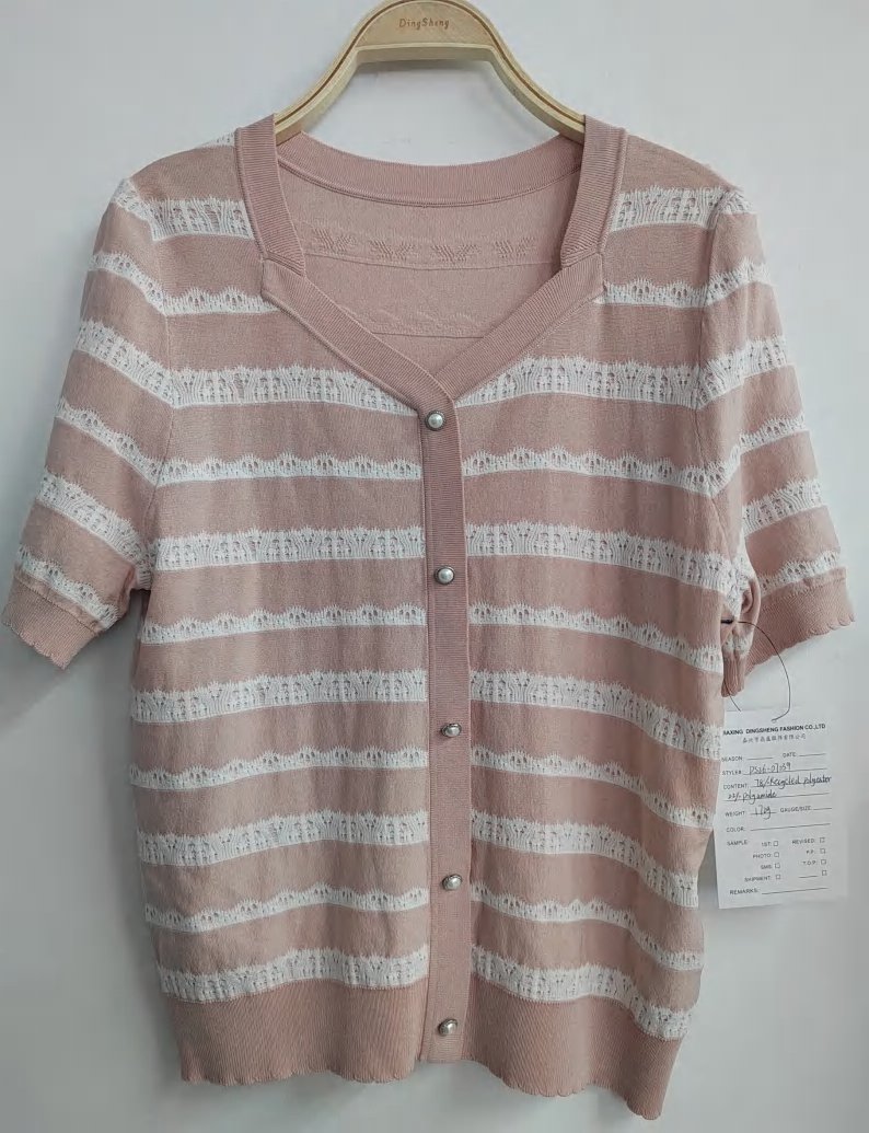 Pink and white stripe short-sleeve cardigan, style DS26-07039, from the Knitwear World sample collection