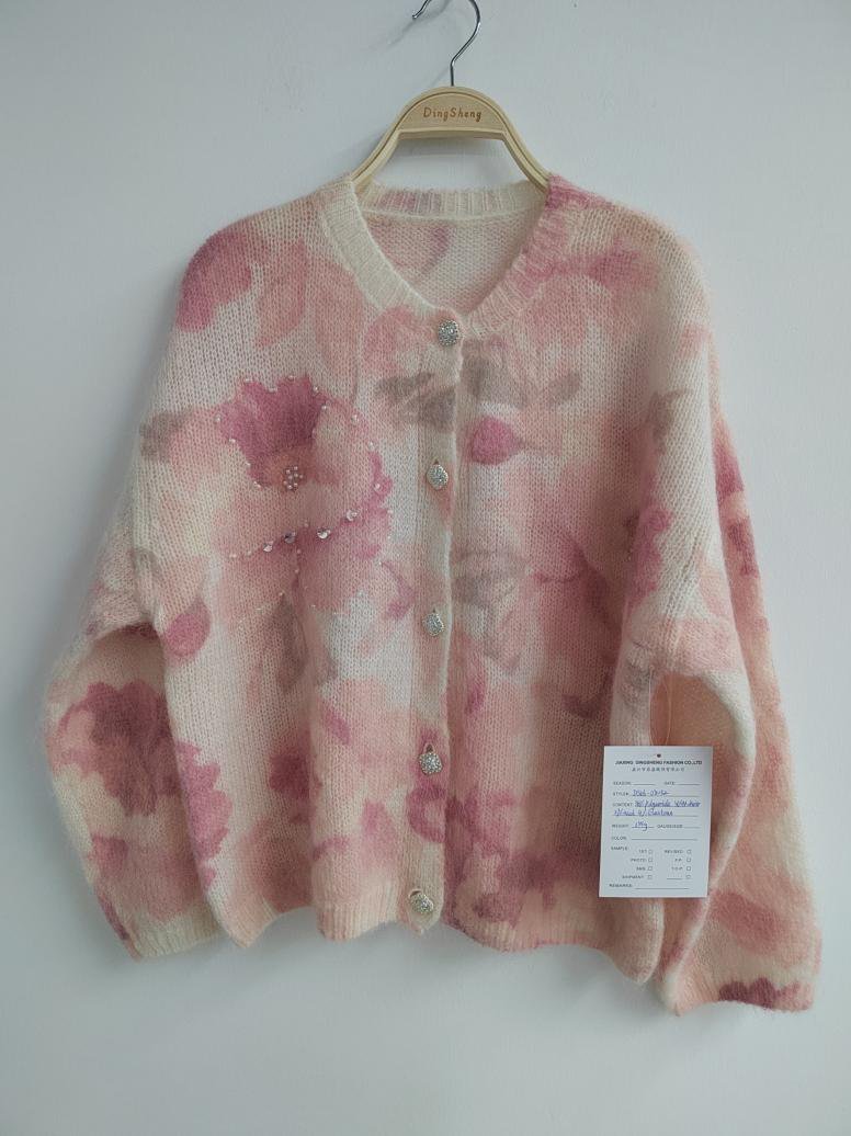 Pink floral print brushed-knit cardigan, style DS26-08052, from the Knitwear World sample collection