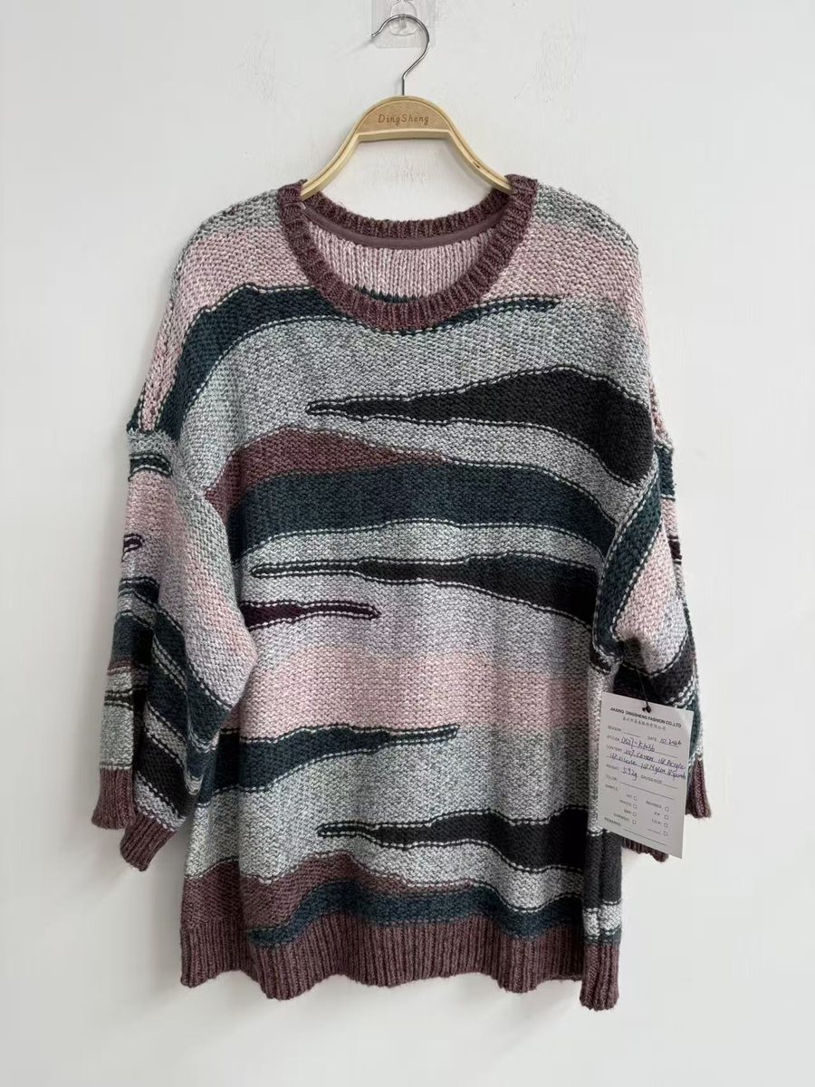 Pink, green and charcoal abstract-stripe pullover, style DS27-K1036, from the Knitwear World sample collection