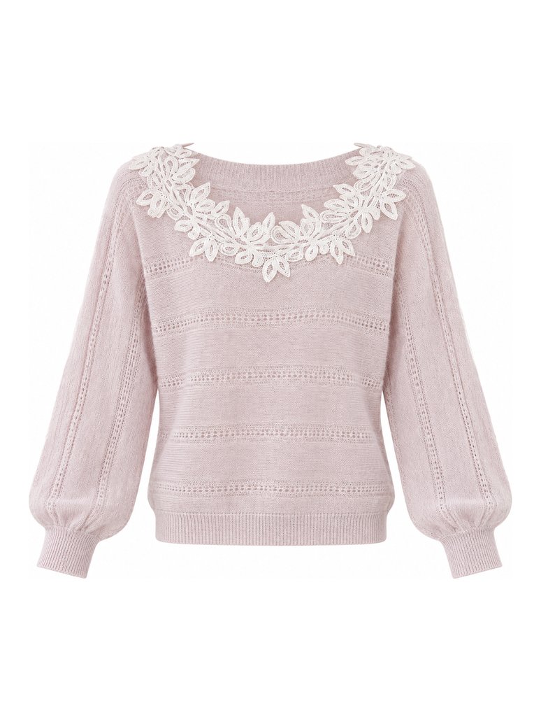 Pink pointelle pullover with lace collar, style DS27-SL0921, from the Knitwear World sample collection