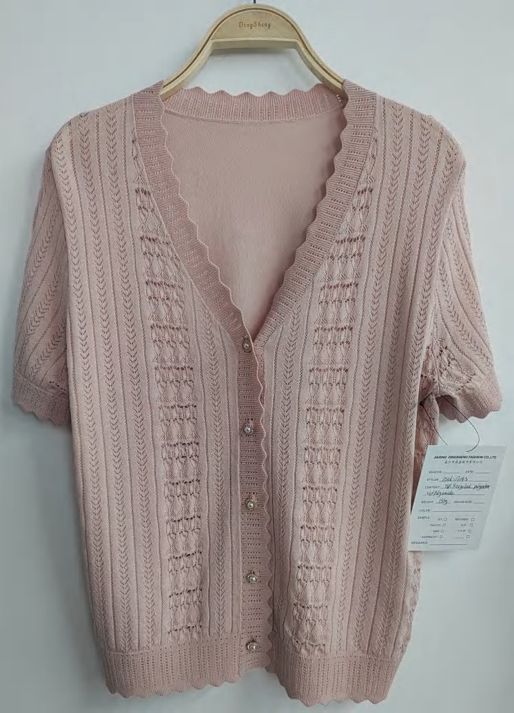 Pink pointelle V-neck short-sleeve cardigan, style DS26-07043, from the Knitwear World sample collection