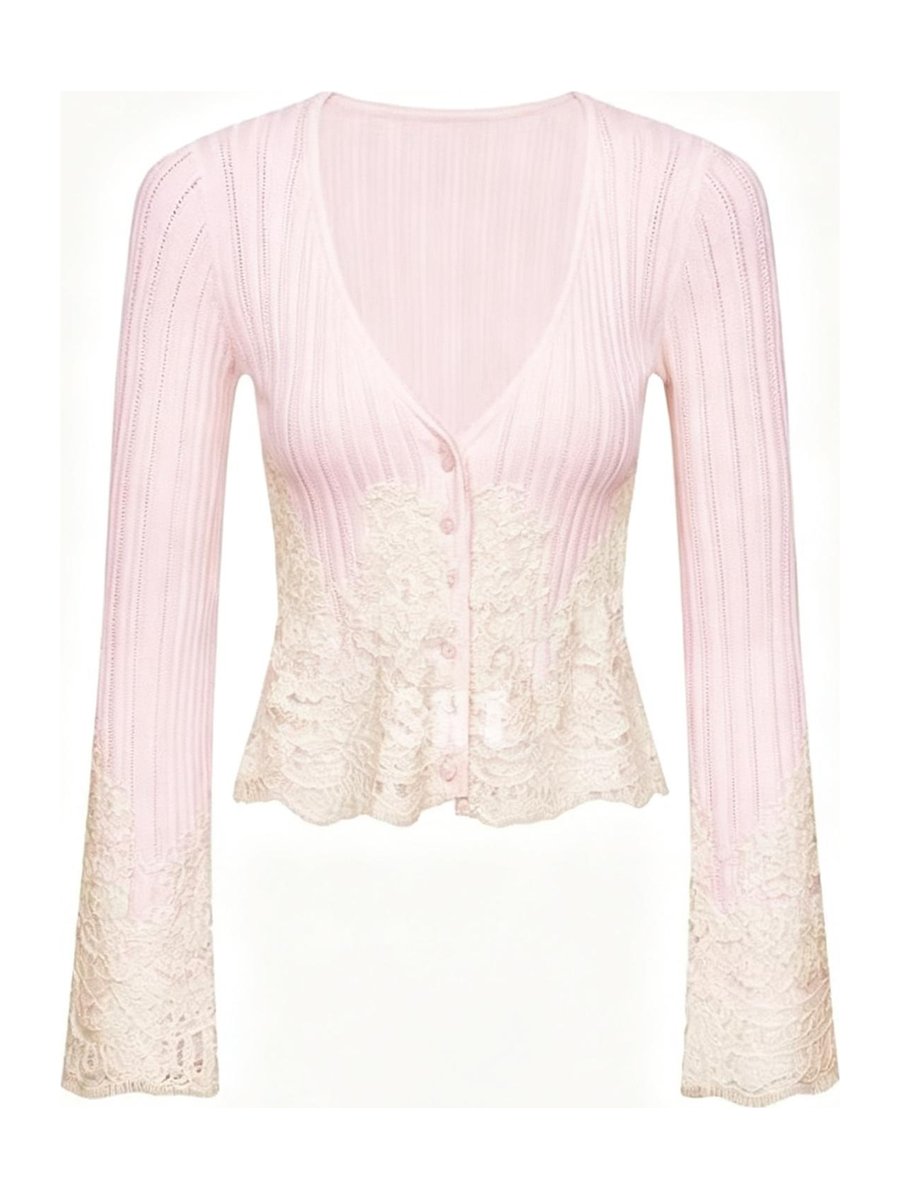 Pink rib cardigan with lace peplum, style DS27-VE018, from the Knitwear World sample collection