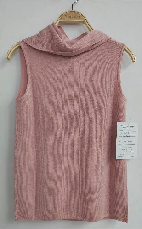 Pink sleeveless rib top with cowl collar, style DS26-08001, from the Knitwear World sample collection