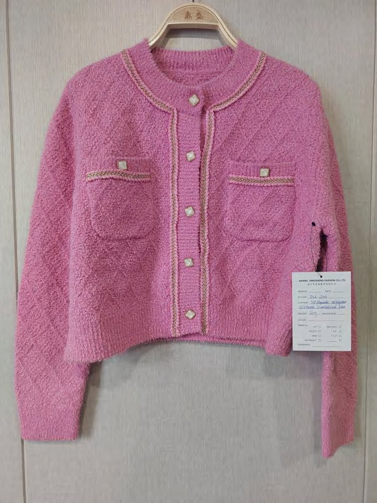 Pink textured cardigan with braided trim and pockets, style DS26-07006, from the Knitwear World sample collection