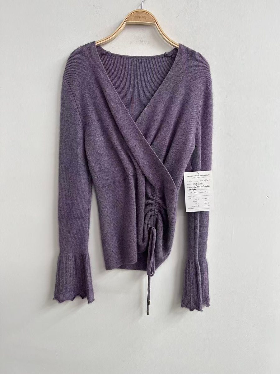 Purple wrap-front top with bell sleeves, style DS25-K12018, from the Knitwear World sample collection