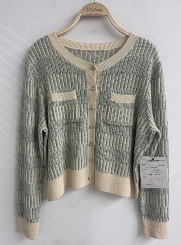 Sage textured cardigan with cream trim and pockets, style DS24-10007, from the Knitwear World sample collection