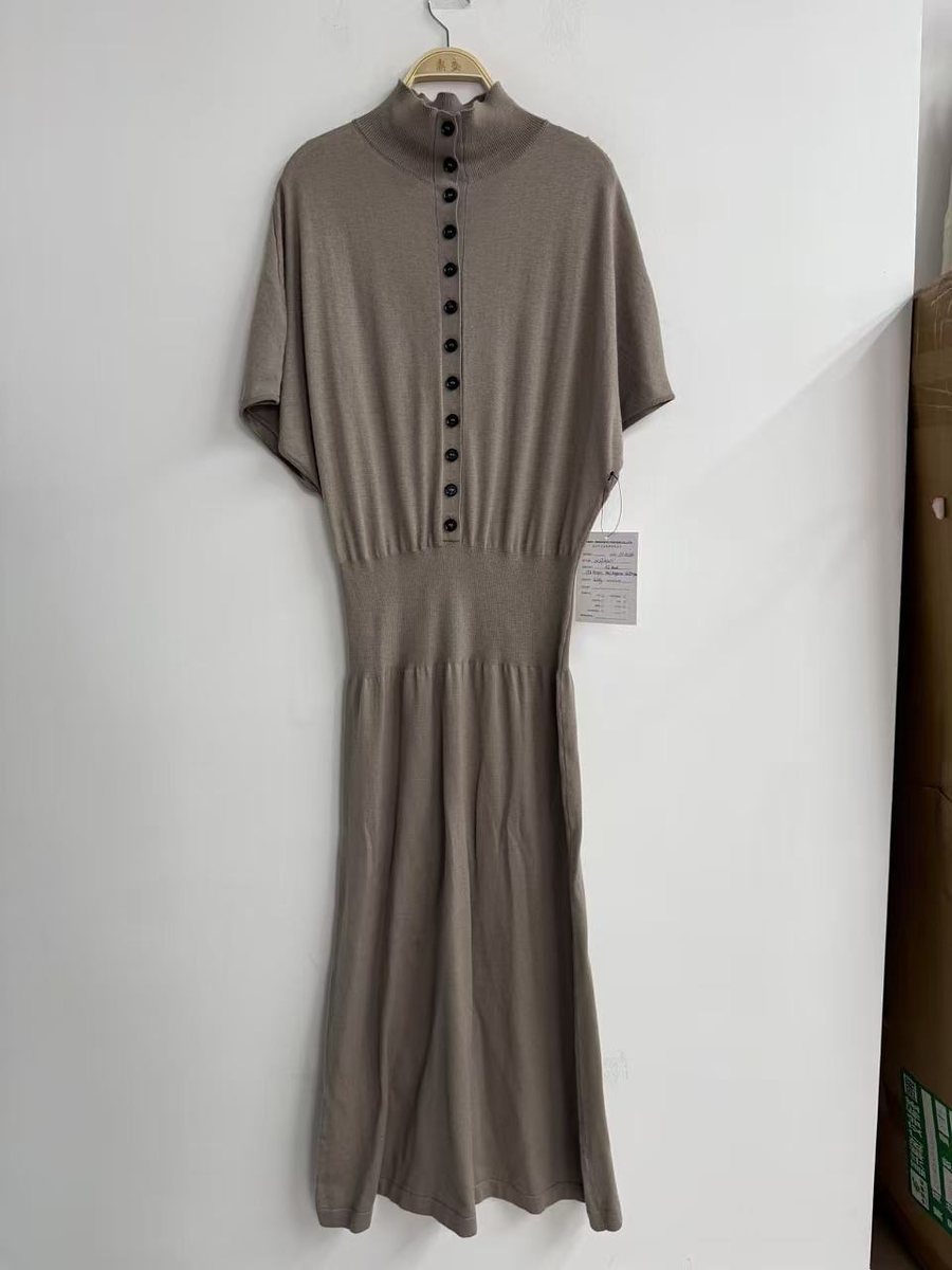 Taupe batwing knit midi dress with button placket, style DS27-K1011, from the Knitwear World sample collection