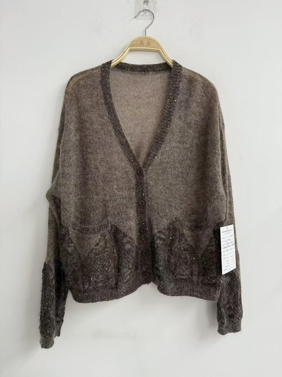 Taupe brushed V-neck cardigan with sequin hem, style DS27-K1044, from the Knitwear World sample collection