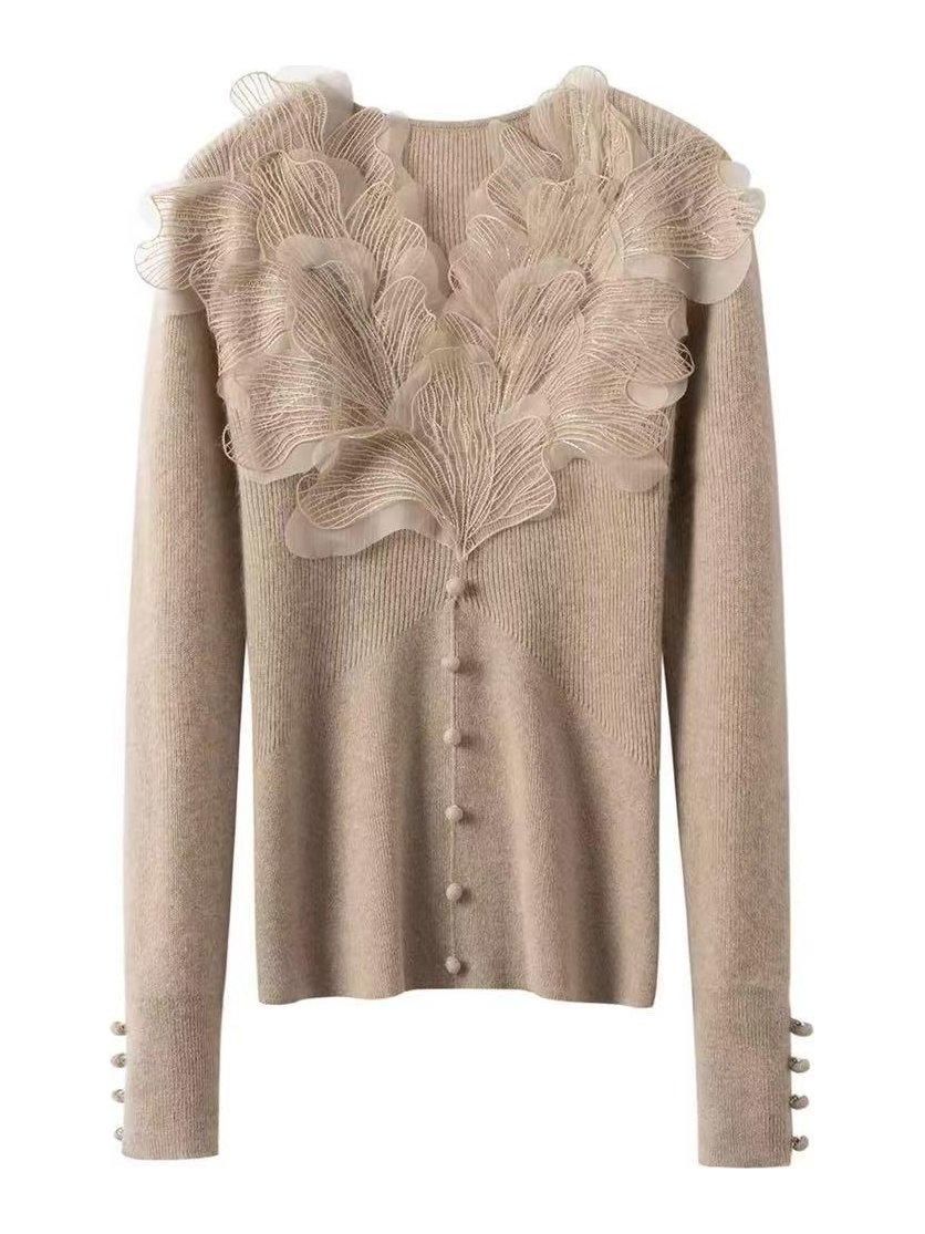 Taupe cardigan with lace and ruffle yoke, style DS27-VE08, from the Knitwear World sample collection