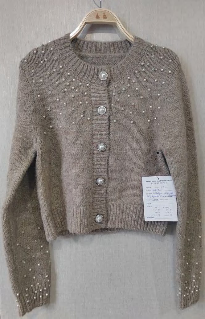 Taupe cropped cardigan with pearl embellishment, style DS26-07005, from the Knitwear World sample collection