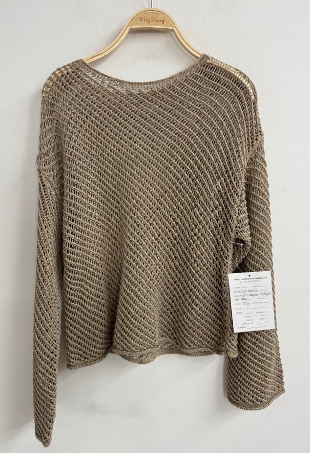 Taupe diagonal open-knit pullover, style DS27-K04025, from the Knitwear World sample collection