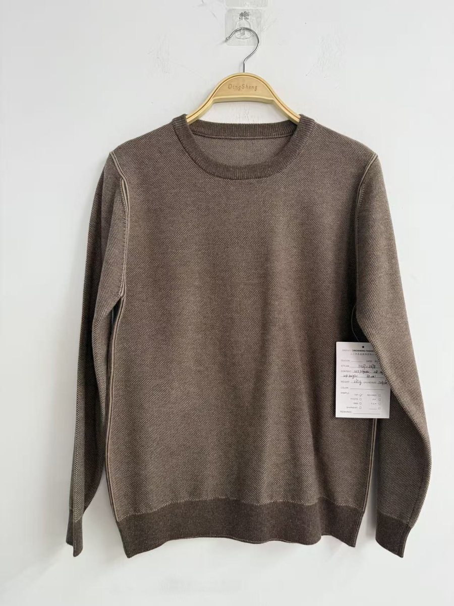 Taupe fine-knit crew-neck pullover with tipped rib, style DS27-JX78, from the Knitwear World sample collection
