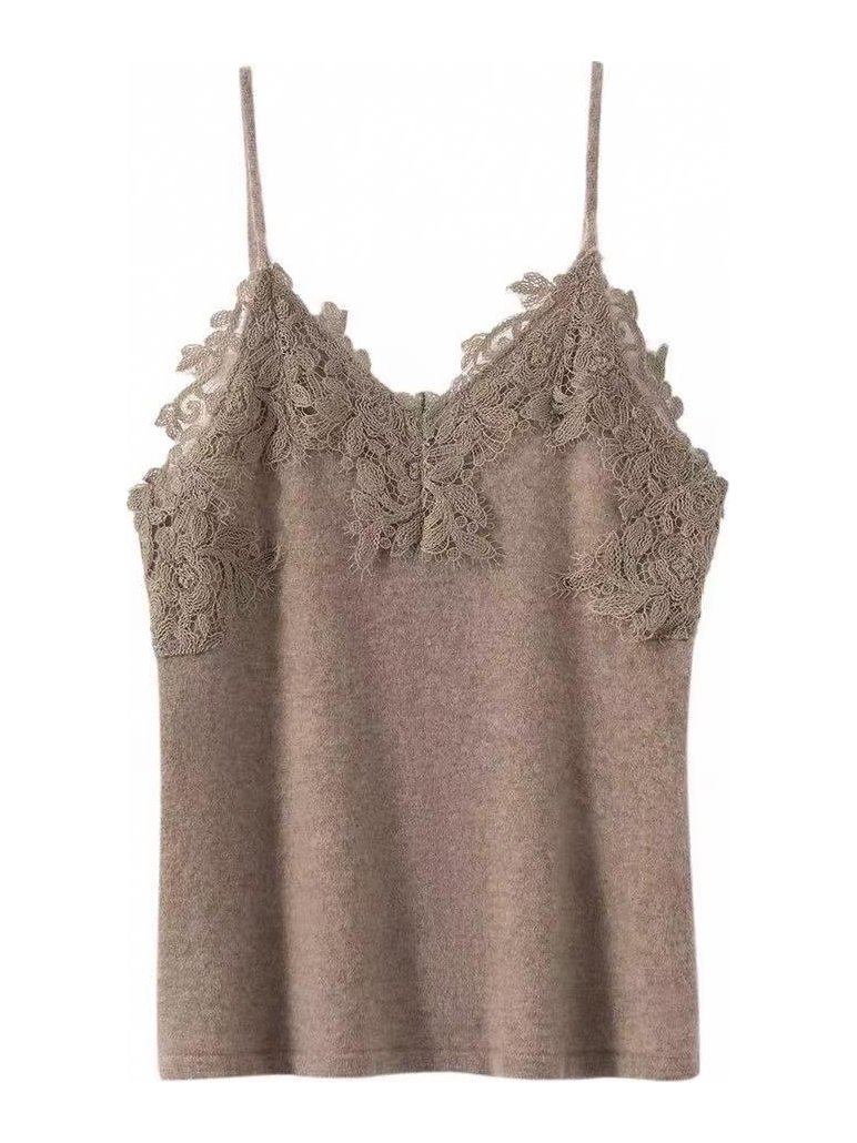 Taupe knit cami with lace trim, style DS27-VE04, from the Knitwear World sample collection