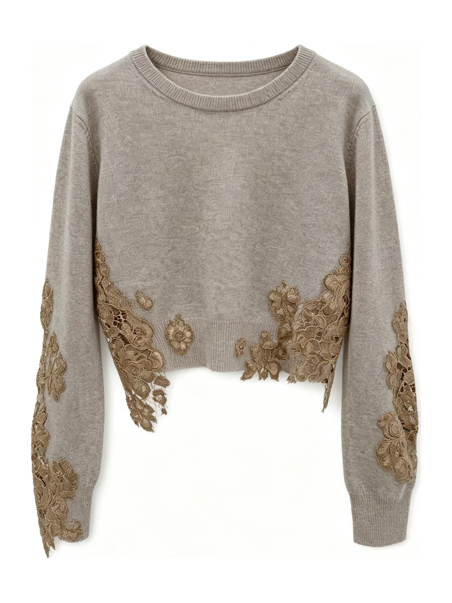 Taupe pullover with lace appliqué sleeves, style DS27-VE021, from the Knitwear World sample collection
