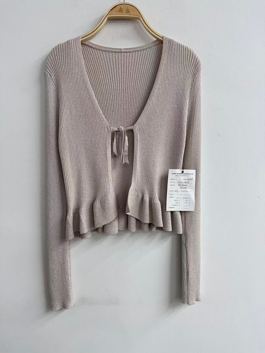 Taupe tie-front cardigan with peplum hem, style DS26-05008, from the Knitwear World sample collection