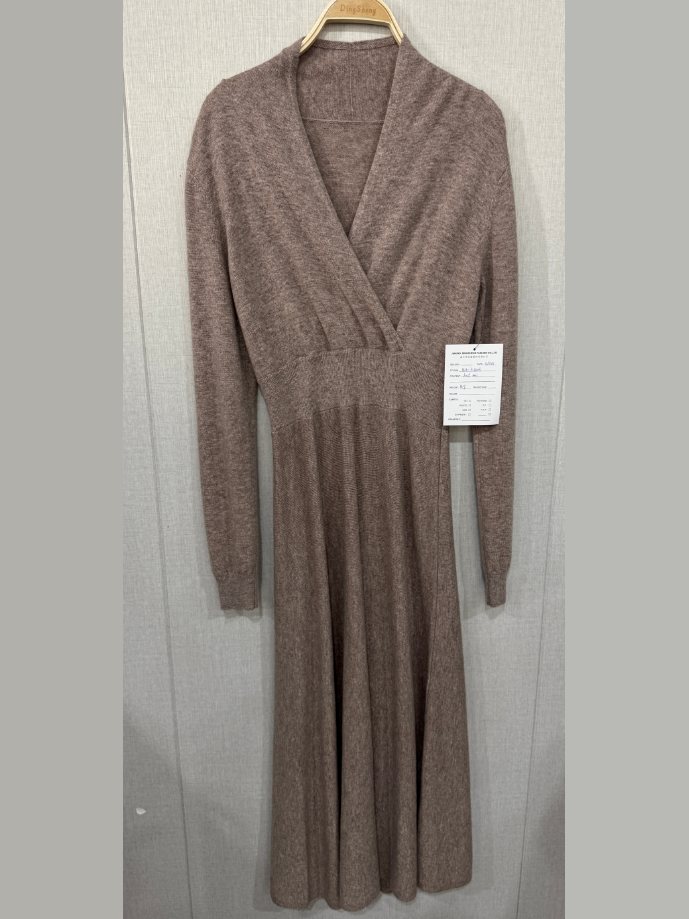 Taupe wrap-front knit midi dress, style DS26-K12003, from the Knitwear World sample collection