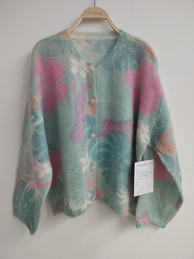 Teal and pink floral print cardigan, style DS26-08047, from the Knitwear World sample collection