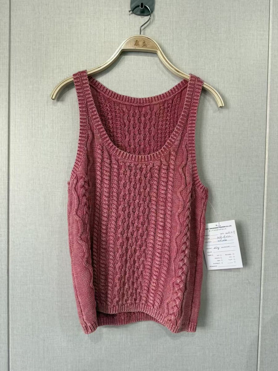 Washed raspberry cable-knit tank top, style DS27-09052, from the Knitwear World sample collection