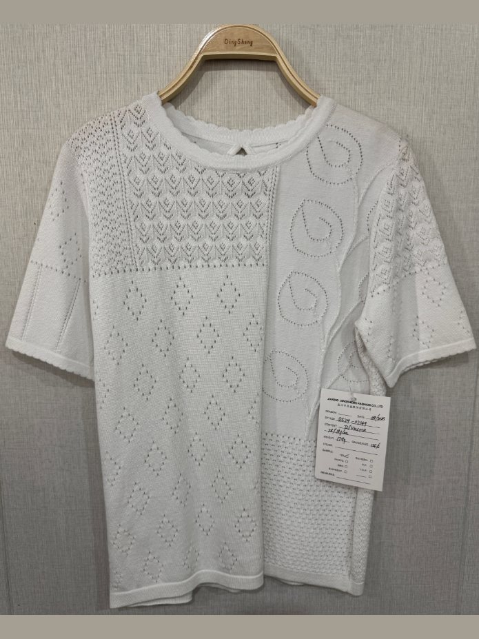 White pointelle patchwork short-sleeve top, style DS24-02149, from the Knitwear World sample collection