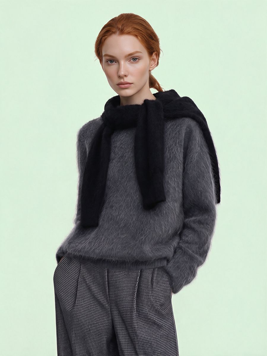 Women's grey crew-neck sweater, made by Knitwear World
