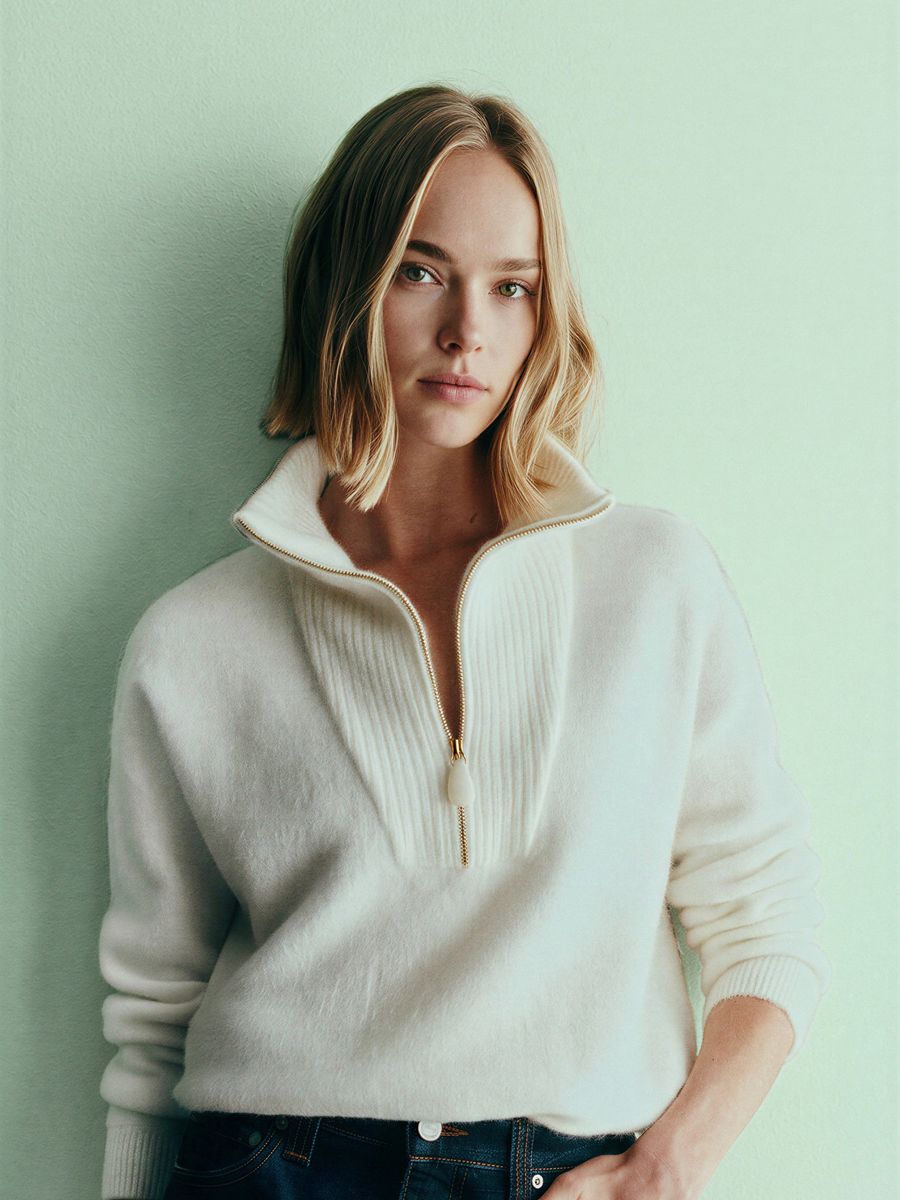 Women's ivory half-zip sweater, made by Knitwear World