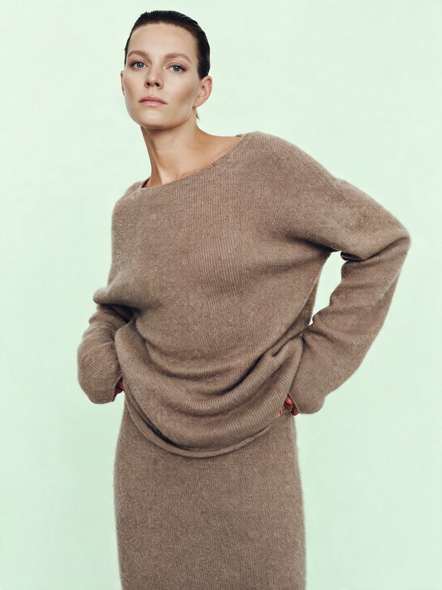Women's camel knit sweater and skirt set, made by Knitwear World