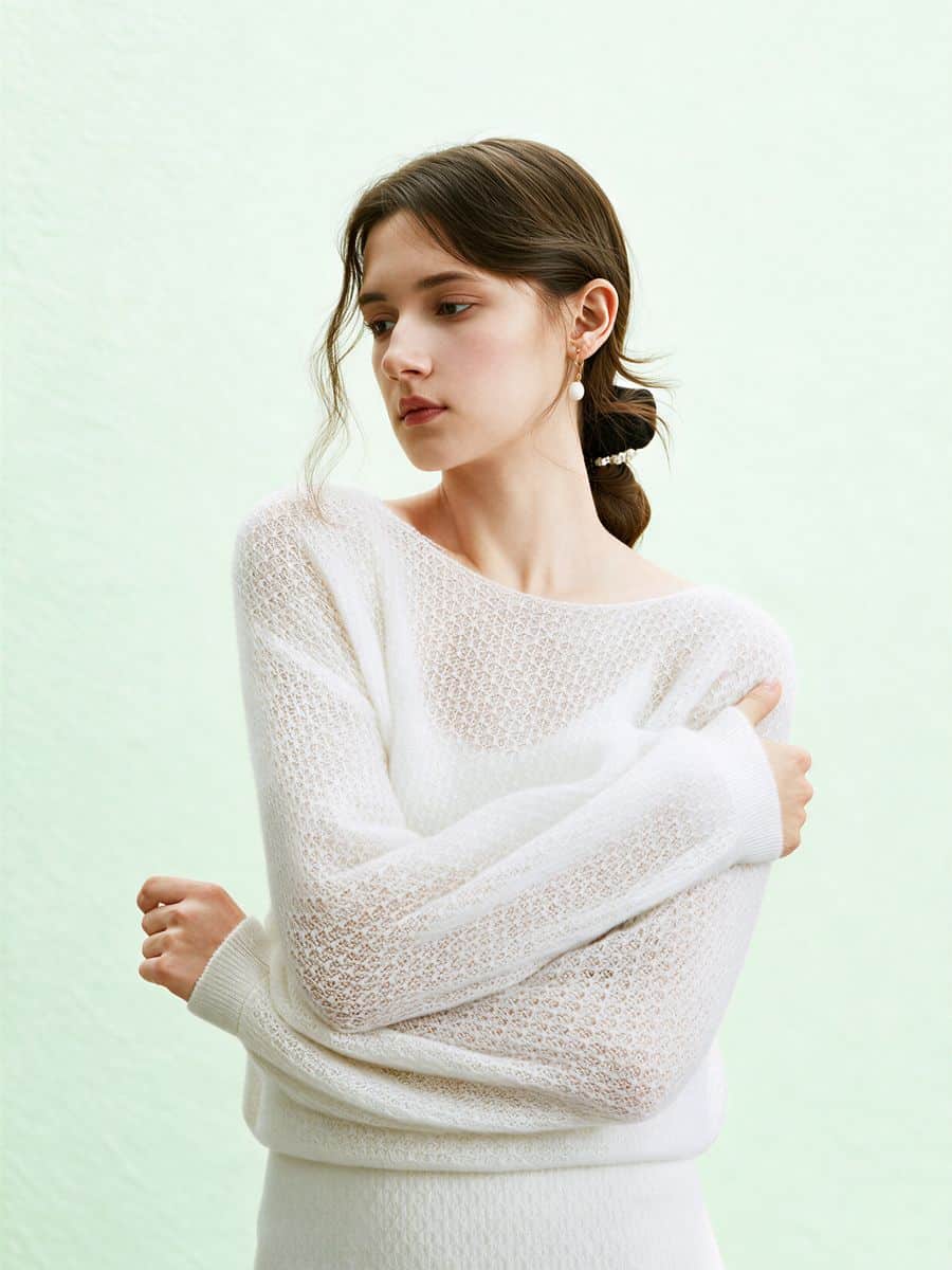 Women's white lightweight sweater, made by Knitwear World