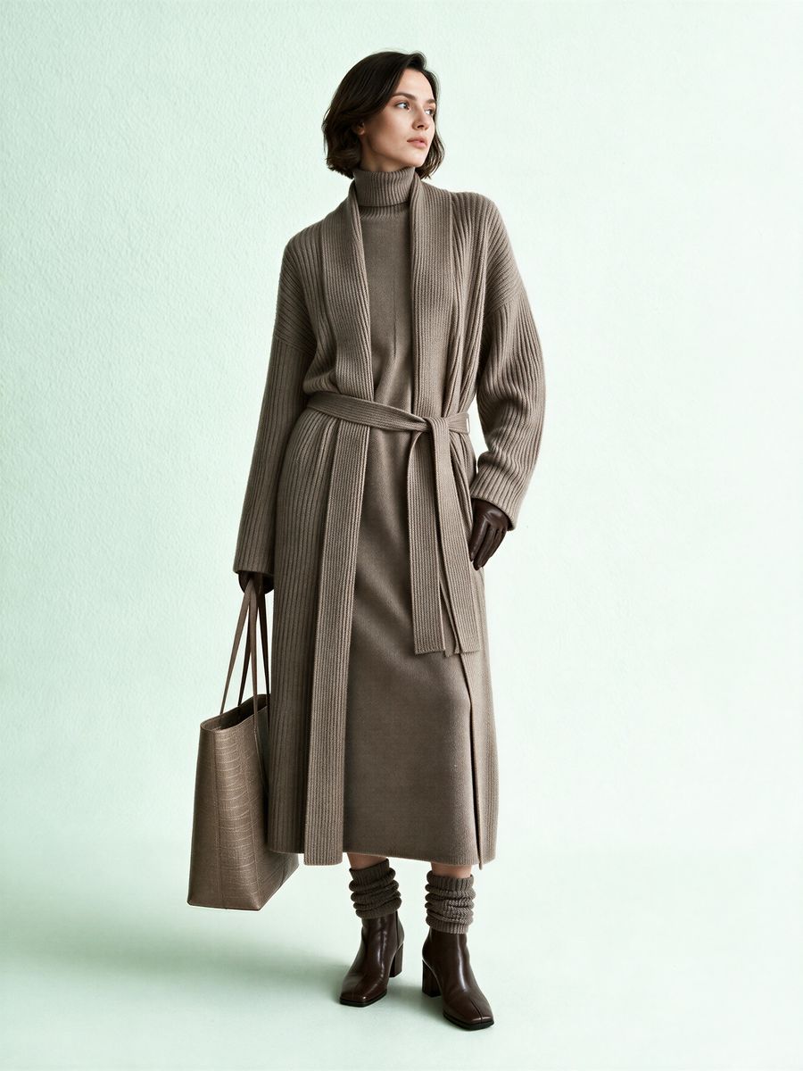 Women's taupe long cardigan coat, made by Knitwear World