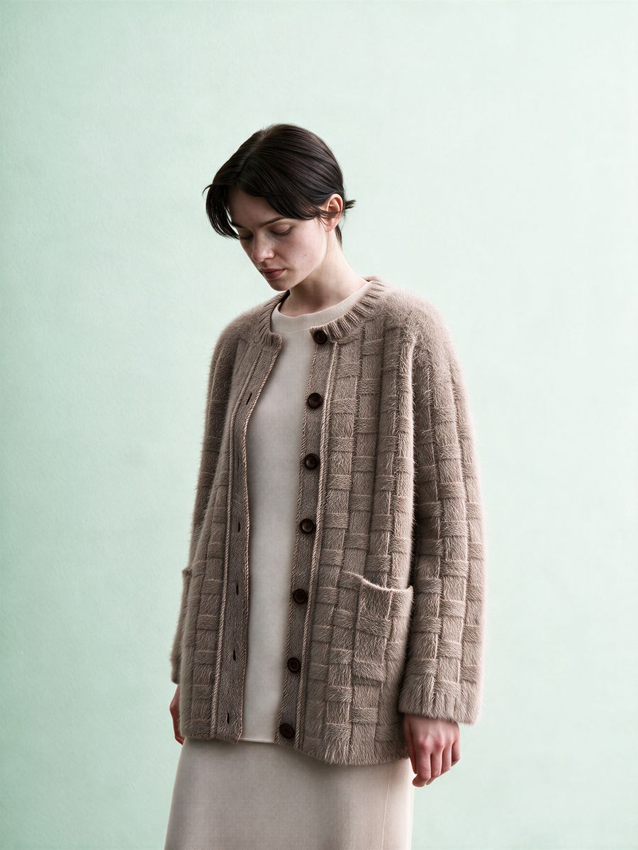 Women's taupe textured cardigan, made by Knitwear World