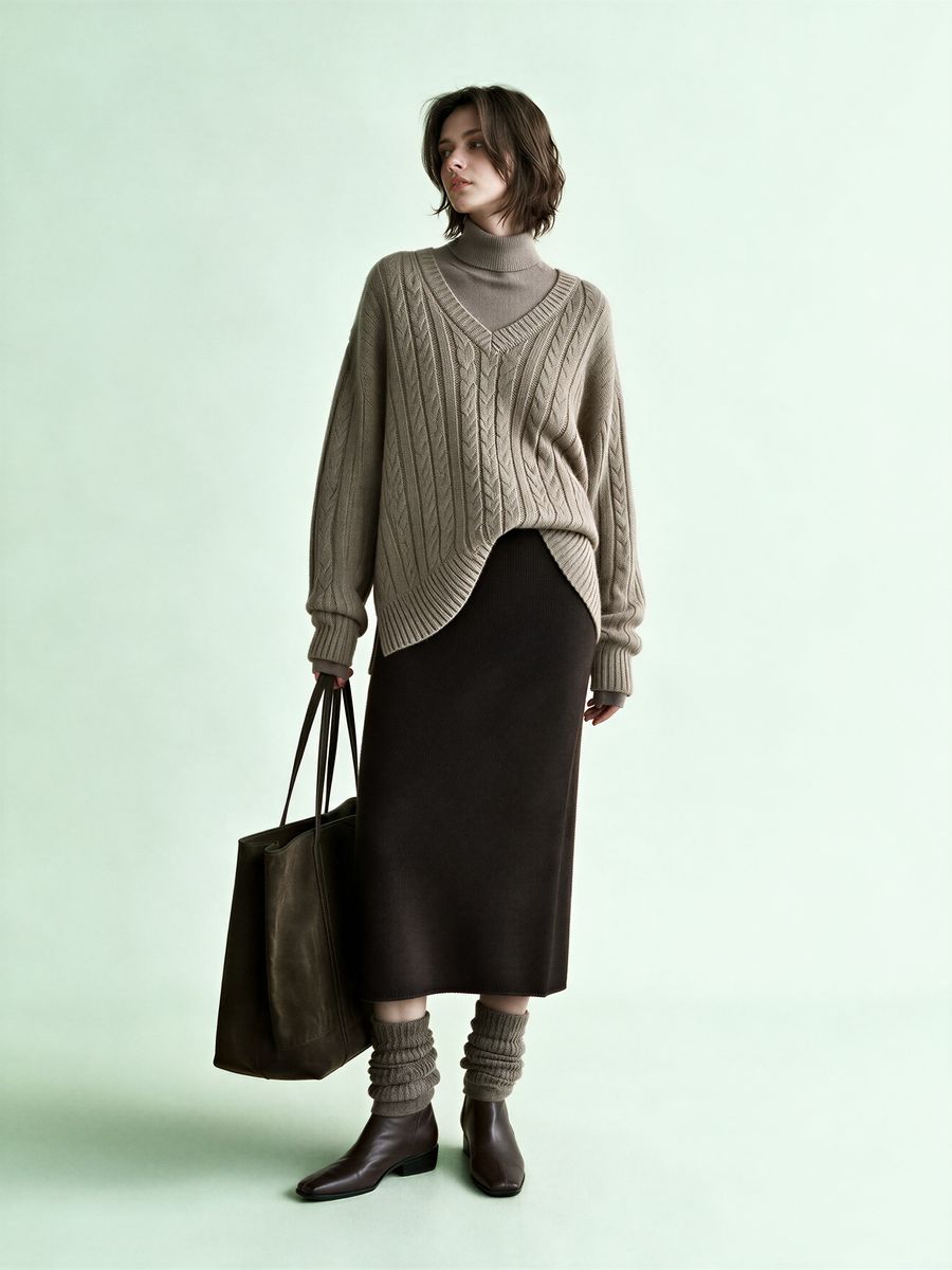 Women's taupe turtleneck sweater, made by Knitwear World