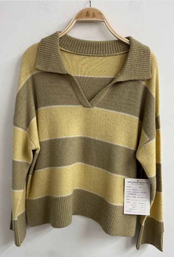 Yellow and khaki stripe polo-collar sweater, style CE1920, from the Knitwear World sample collection